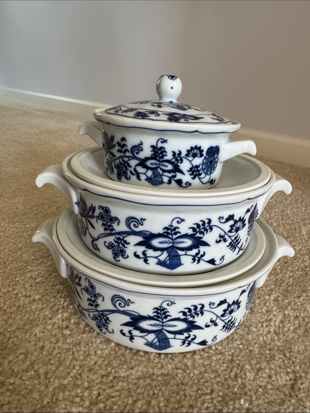 Blue Danube Covered Casserine Set - Three Stackable Ceramic Bowls - Picture 1 of 5